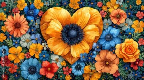 a painting of an orange heart surrounded by blue, yellow, and red flowers with a blue center surrounded by orange, red, yellow and blue flowers.