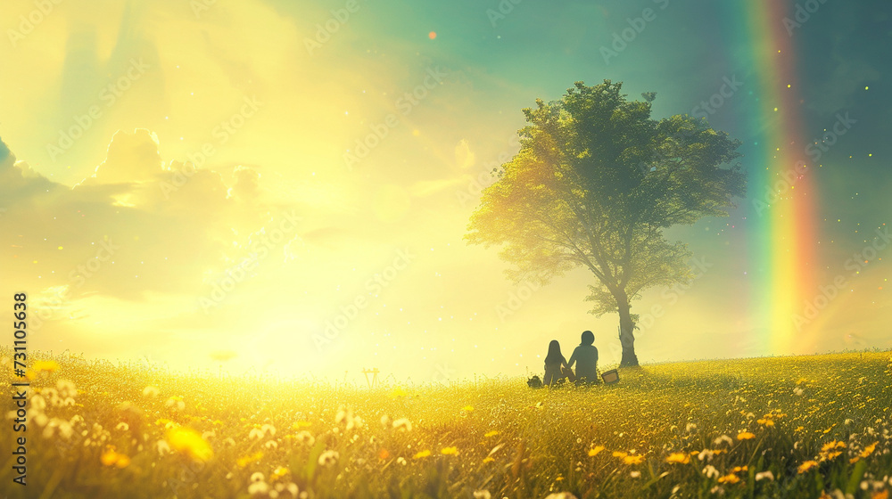 A family having a picnic in a sun-drenched meadow, with a rainbow forming in the distance, with copy space, dynamic and dramatic composition, with copy space