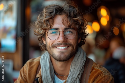 A charming man with curly hair and glasses smiles warmly, his face lined with wrinkles and adorned with a moustache, exuding confidence and intelligence as he stands on a bustling street