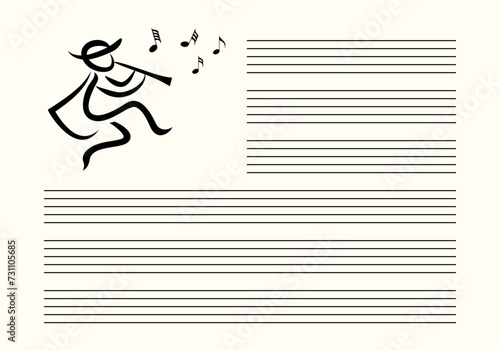 Musical notes blank sheet with black outline pied piper design. Black lines on white background. Editable stroke vector.	
