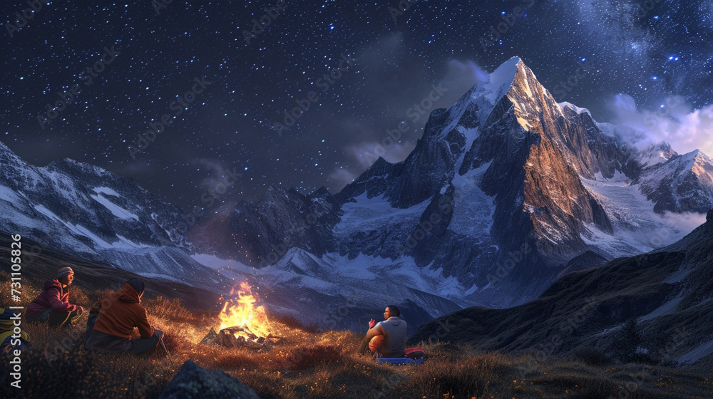 A family camping in the mountains, sitting around a crackling fire under a starry sky, with copy space, dynamic and dramatic composition, with copy space