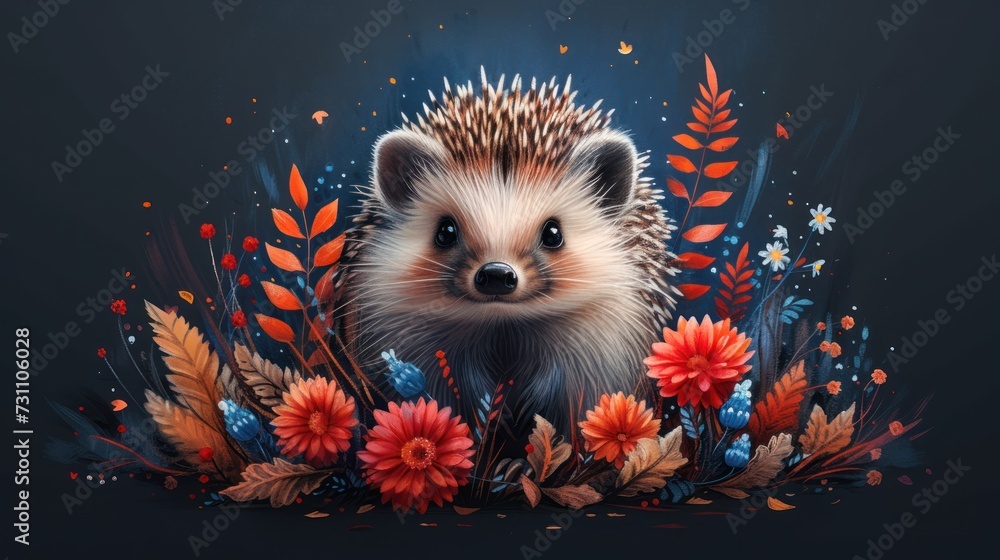 a painting of a hedge surrounded by flowers and leaves on a black background with a blue sky in the background. a painting of a hedge surrounded by flowers and leaves on a black background with a blue sky in the background.