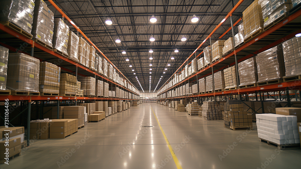 
Warehouse with a high level of electronics, equipped to store and sort goods, stock warehouse.