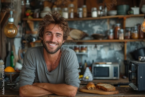 A content man enjoys a slice of pizza at his kitchen table  surrounded by the comforts of home and a smile on his face