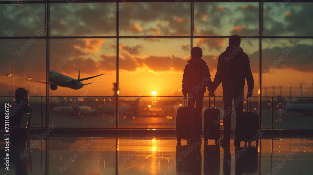 Family (father, son, mother) holding suitcase in the airport still during sunset, background Glass window and airplane taking off