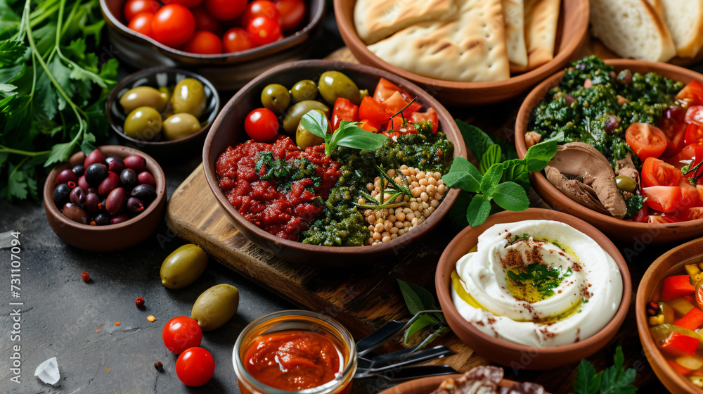 Traditional Mediterranean meze appetizers platter.