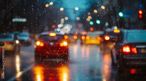 Traffic on city streets at dusk in the rain, blurr. © John