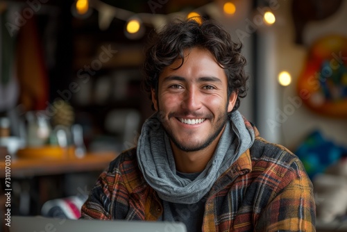 A joyful man poses for the camera, his warm smile radiating from his human face, dressed in casual clothing while sitting indoors with a laptop in front of a vibrant wall
