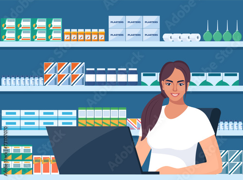Pharmacist at counter in pharmacy. Druggist opposite shelves with medicines. Health care medical concept. Vector illustration.