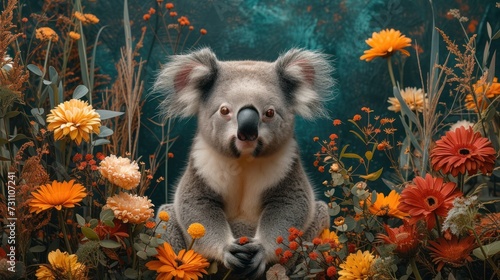 a koala sitting in the middle of a field of flowers with a surprised look on it's face. photo