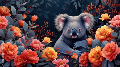 a painting of a koala in a field of flowers with orange and pink flowers on the side of it. photo