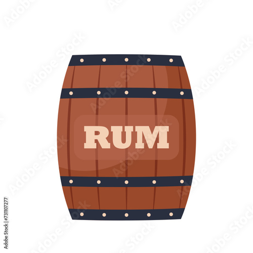 Wooden rum barrel. Cartoon oak old keg, alcohol storage. Symbol of pirates, adventure, treasure. Vector illustration.