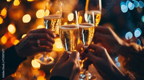 Celebration party or holiday party. Person holding glasses of champagne making a toast. Champagne, wine, drink, celebrate, alcohol, party, toasting, happy,  success, clink, friendship