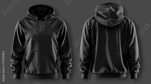 Set of black front and back view tee hoodie hoody sweatshirt on transparent background cutout, PNG file. Mockup template for artwork graphic design