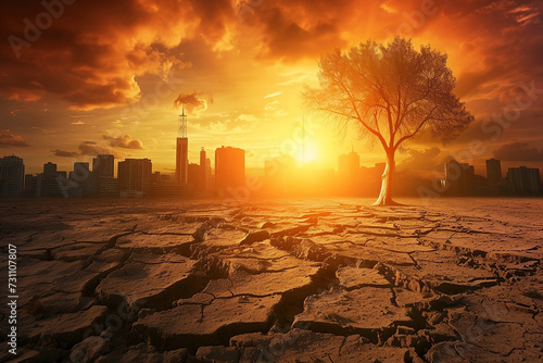 Global warming concept. Dry cracked land with a dead tree. photo