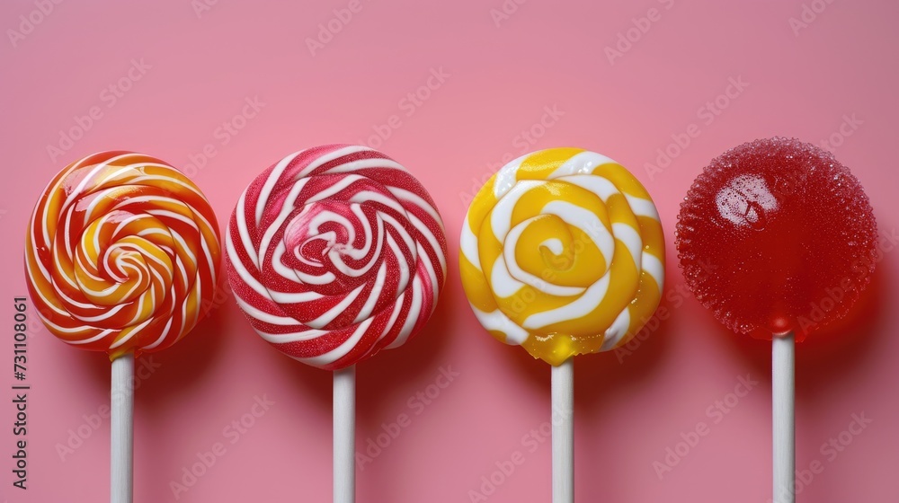 Colorful lollipops on pink background, top view