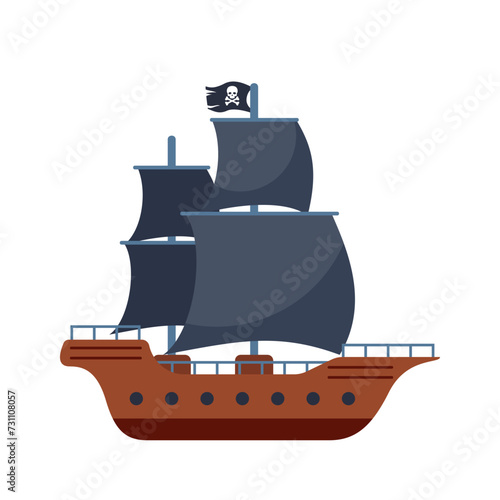 Pirate ship with a flag and black sails with a skull. Flat vector illustration
