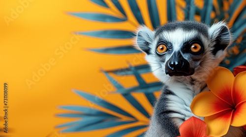 a close up of a lemura with a flower in front of a palm tree and a yellow background.
