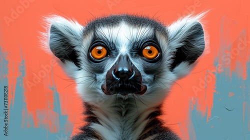a close - up of a lemura's face with an orange - eyed look on its face. photo