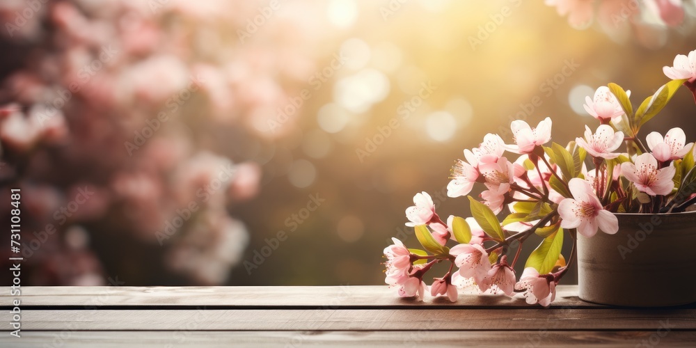 Blooming cherry branch on a wooden background, space for text, spring theme. Generative AI Blooming cherry branch on a wooden background, space for text, spring theme. Generative AI