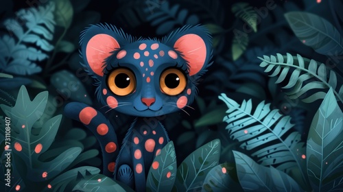a black cat with orange eyes sitting in a forest of green plants and leaves with red spots on it s face.
