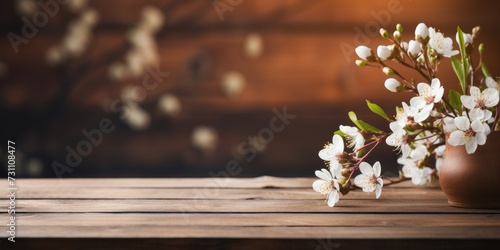 Blooming cherry branch on a wooden background, space for text, spring theme. Generative AI