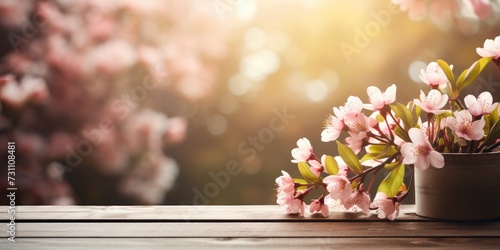 Blooming cherry branch on a wooden background  space for text  spring theme. Generative AI