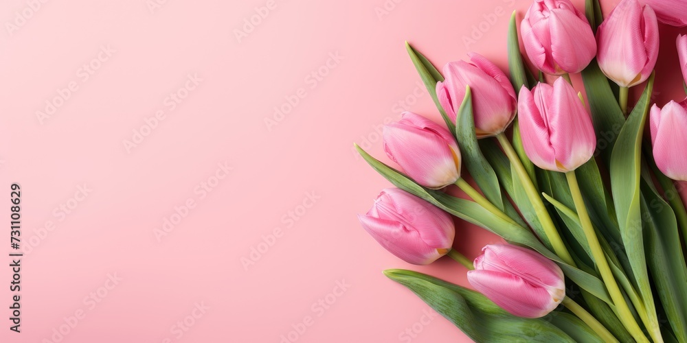 Bouquet of pink tulips for the holiday of the eighth of March, pink background, Generative AI