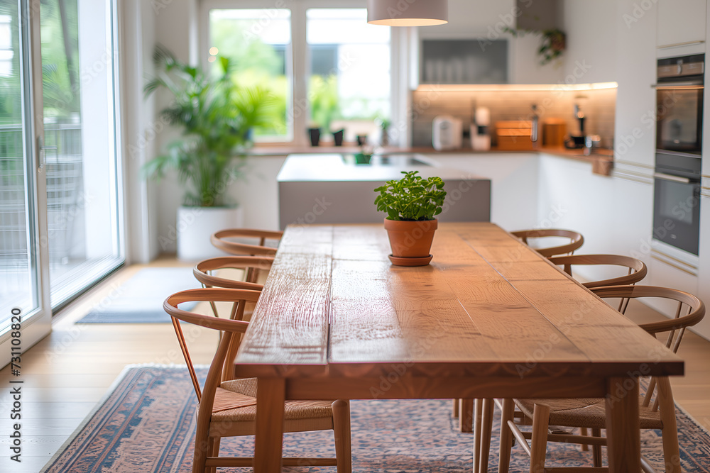 Interior of a modern kitchen with wooden dining table and chairs.