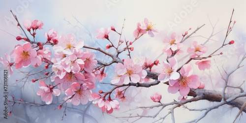 Blooming branch in spring, oil painting. Flowers under the snow. Generative AI
