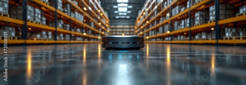 An autonomous robot vacuum glides across the vast indoor warehouse floor, navigating between towering shelves filled with books and creating a sense of efficiency and order in the bustling library photo