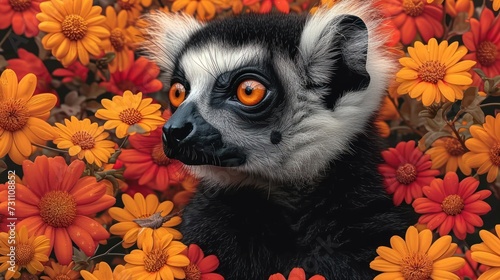 a close up of a lemura surrounded by orange and yellow flowers with a surprised look on its face. photo