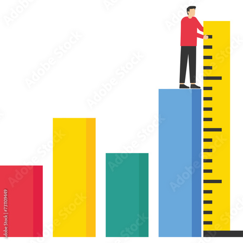 improvements business growth concept, Business benchmark measurement, Kor PI, key performance indicators to evaluate success, businessman, and woman help using measuring tape to measure bar graph.
