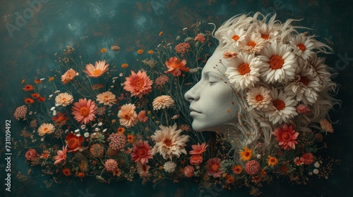 a painting of a woman's head with flowers in her hair and a bunch of daisies in her hair.