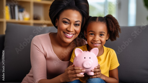 Smiling mother and daughter holding a piggy bank, symbolizing financial planning and the joy of family bonding at home.