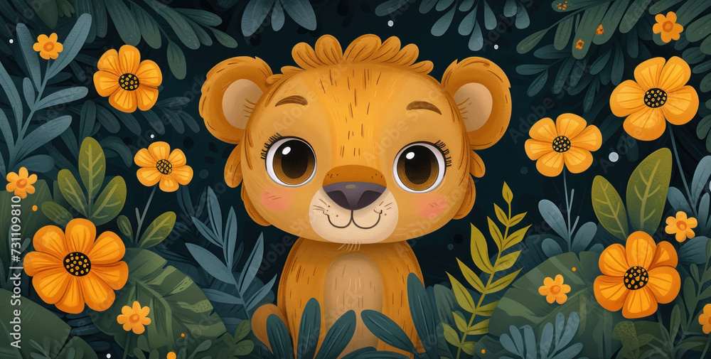 a brown teddy bear sitting in the middle of a forest filled with orange flowers and green leaves on a dark background. a brown teddy bear sitting in the middle of a forest filled with orange flowers and green leaves on a dark background.