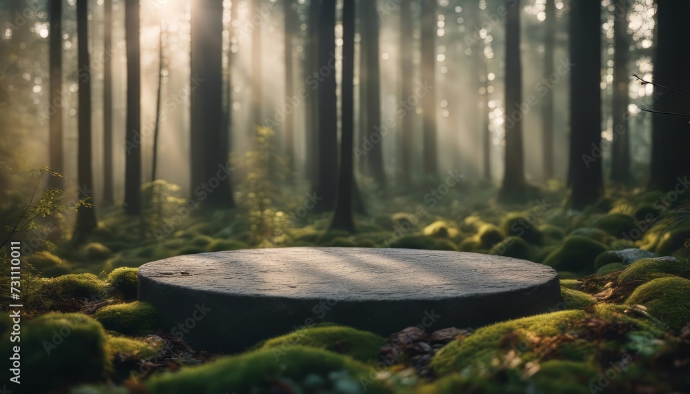Flat stone podium in the magical forest, empty round stand background Flat stone podium in the magical forest, empty round stand background