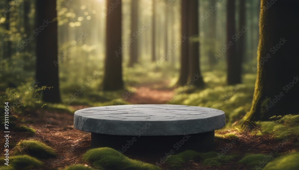 Flat stone podium in the magical forest, empty round stand background Flat stone podium in the magical forest, empty round stand background
