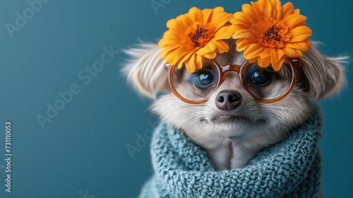 a small dog wearing glasses and a scarf with flowers on it s head and a scarf around it s neck.
