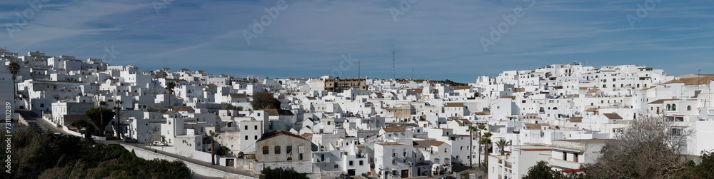 Fototapeta premium Panorama. Panoramic view of Vejer de la Frontera, a pretty white town in the province of Cadiz, Andalusia, Spain