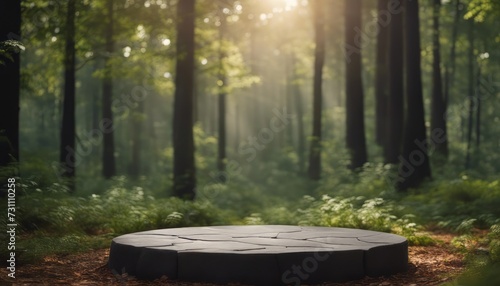 Flat stone podium in the magical forest, empty round stand background