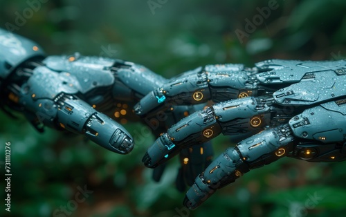 A mechanical palm reaches out to connect with a human hand in the open air, bridging the gap between technology and humanity