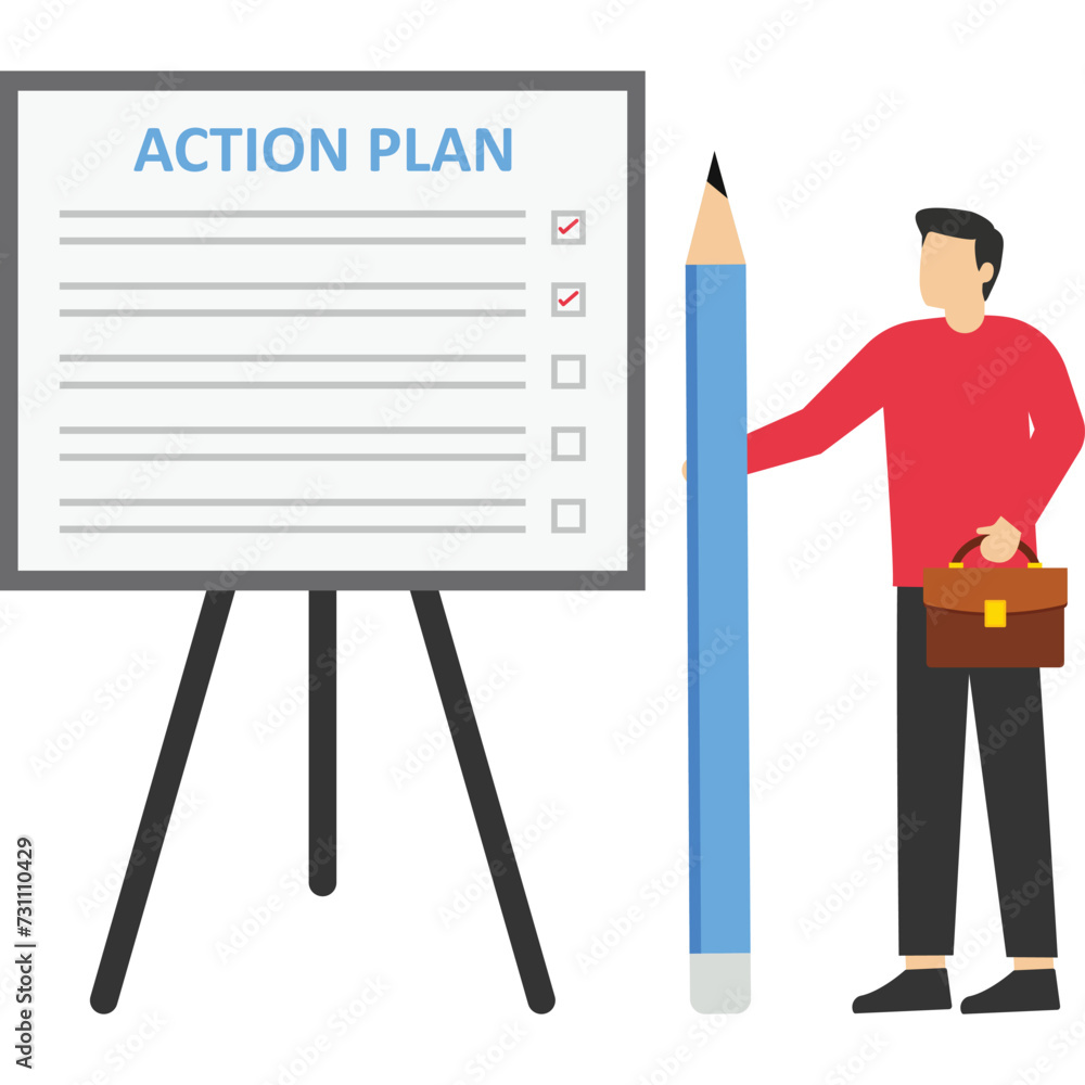 Action plan checklist step by step to advance and complete project, action steps to develop and complete work concept, entrepreneur standing at blackboard with an action plan and checklist steps. Action plan checklist step by step to advance and complete project, action steps to develop and complete work concept, entrepreneur standing at blackboard with an action plan and checklist steps.