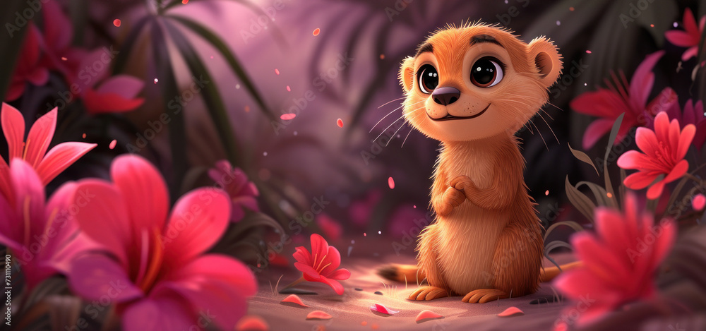a close up of a small animal in a field of flowers with a background of pink flowers and a purple sky. a close up of a small animal in a field of flowers with a background of pink flowers and a purple sky.