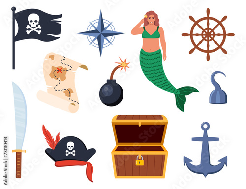 Pirate elements set. Pirates theme illustrations with ship, captain, chest, map, parrot, rum, cannonball. Funny pirate party icons. Vector illustration.