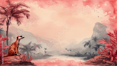 a painting of a giraffe sitting on a rock in the middle of a jungle with palm trees in the background. photo