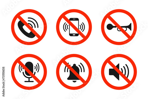 Sound forbidden icons set. Silent mode icons. Prohibition sign collection. No sound symbols.