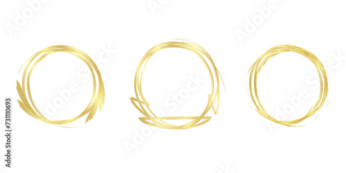 Collection of golden round frames on white background. Set of hand drawn doodle gold circles.Vector illustration.