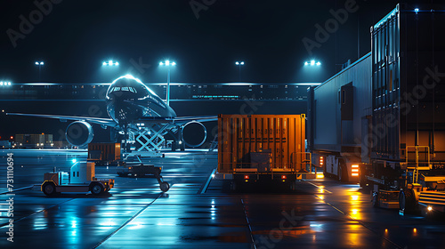 Robots load cargo onto planes at the airport during the night