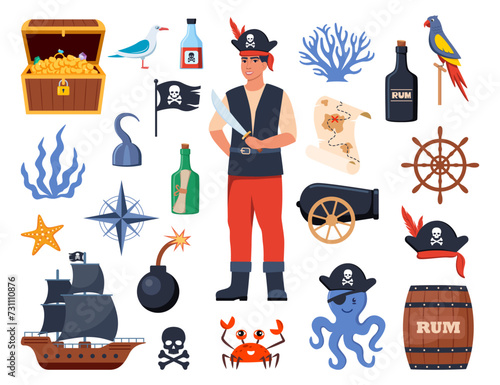 Pirate elements set. Pirates theme illustrations with ship, captain, chest, map, parrot, rum, cannonball. Funny pirate party icons. Vector illustration.